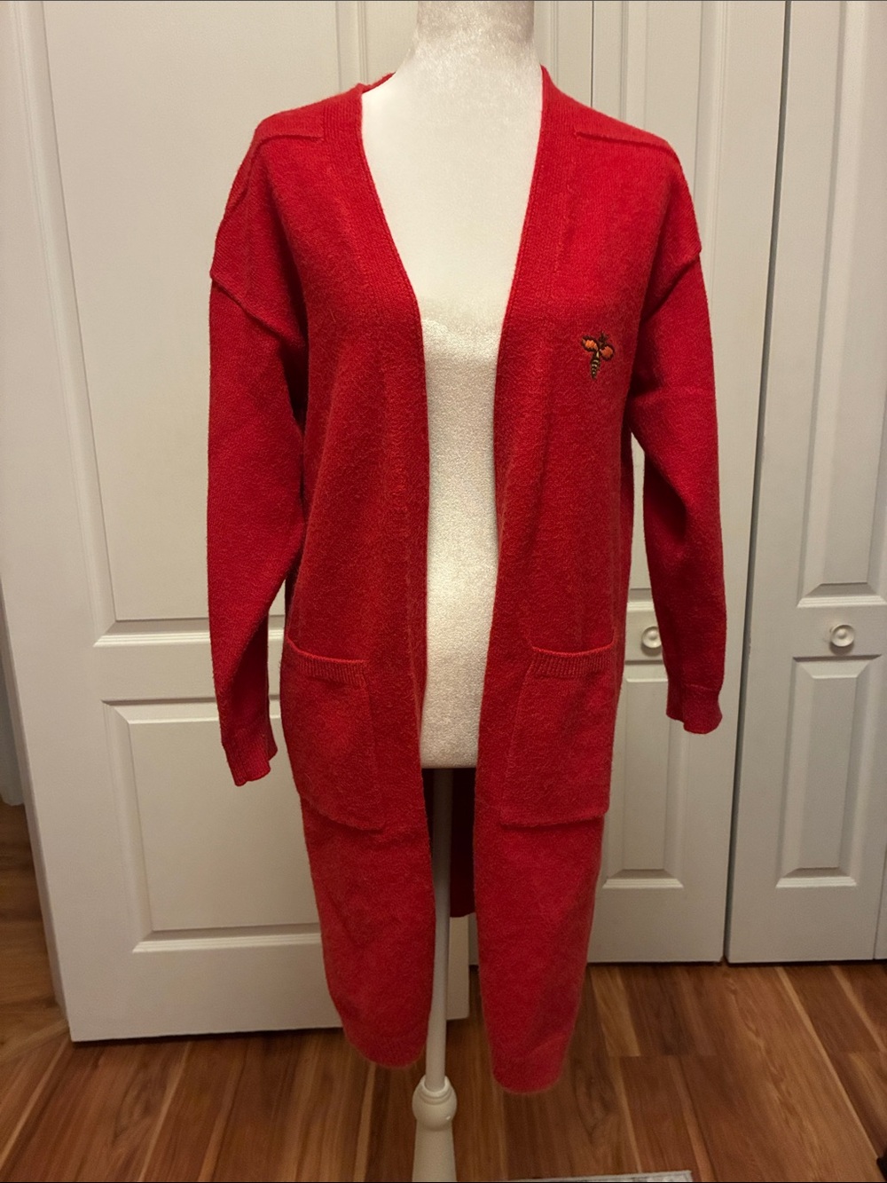 Red Open-Front Longline Women's Cardigan Sweater